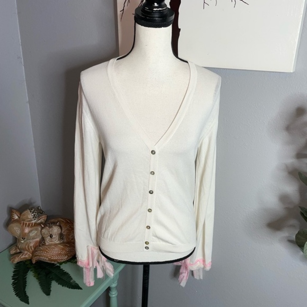 Tiki Tirawa size 1 M L Bone Pink Frayed Trim Cardigan Button Sweater 🏷